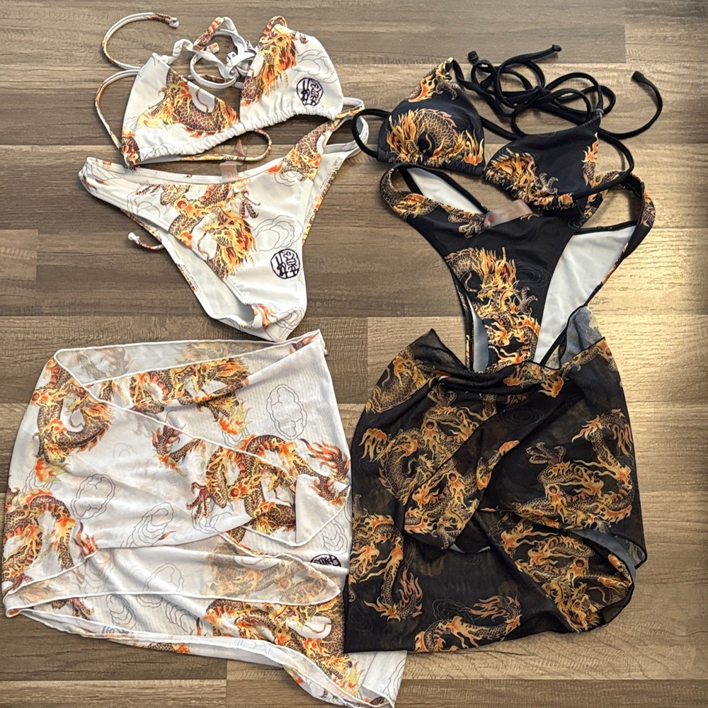 ROMWE White & Black Dragon Print Bikini Set with Cover-Ups